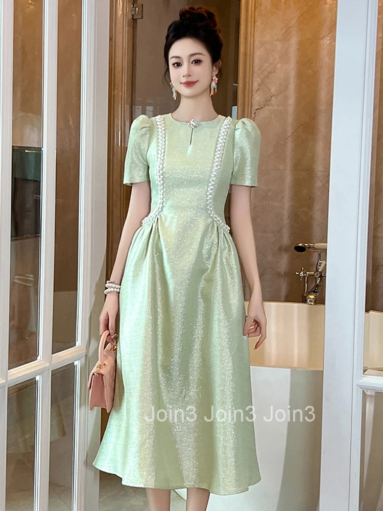 Summer Fashion Elegant Luxury Pearl Sparkly Evening Dress Women Clothes Vintage O-Neck Slim Midi A-Line Robe Party Prom Vestidos
