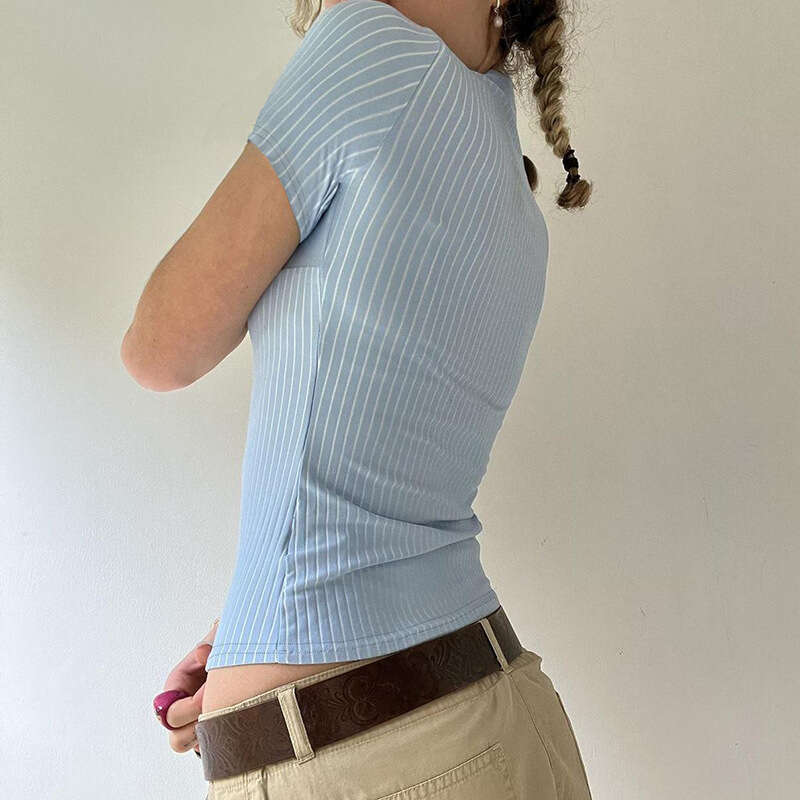 American Commuter Style Turn-Down Collar Striped Shirt Short Sleeve Basic Urban Chic Women's Slim Fit Button-Up Cardigan B5