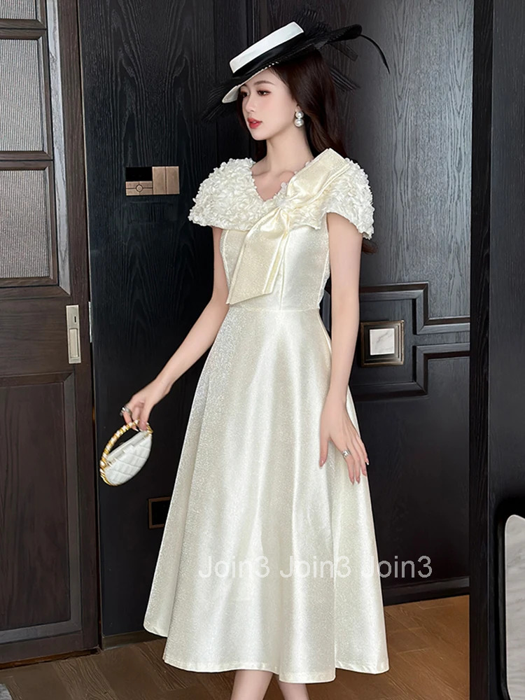 Summer French Fashion Sweet Bow Gown Evening Dress Women Clothes Elegant Floral V-Neck Slim A-Line Midi Robe Party Prom Vestidos