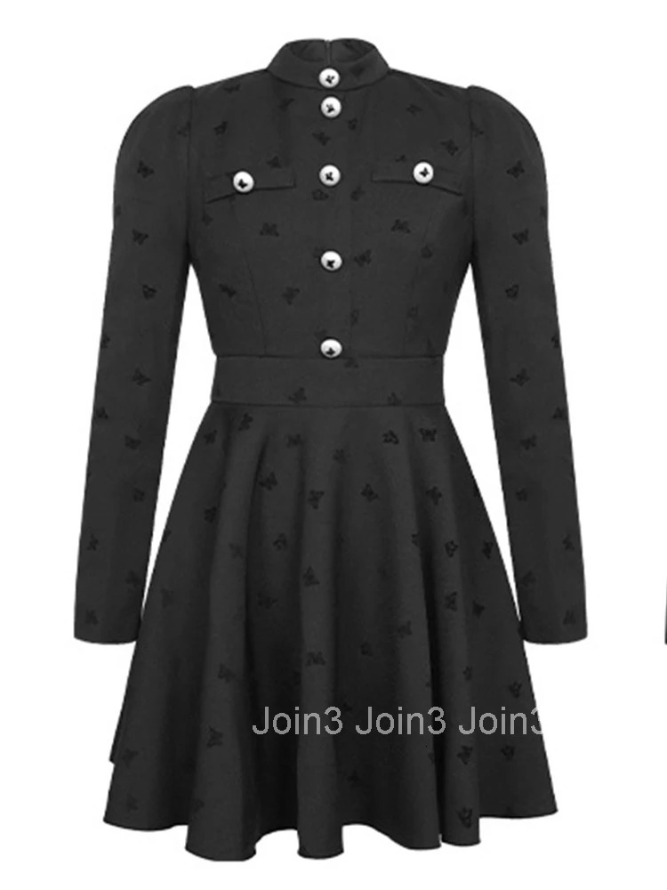 Women Clothes Black Embroidery Stand Neck Slim A-Line Mini Short Dress Elegant Fashion Party Vestidos Casual Formal Occasion New