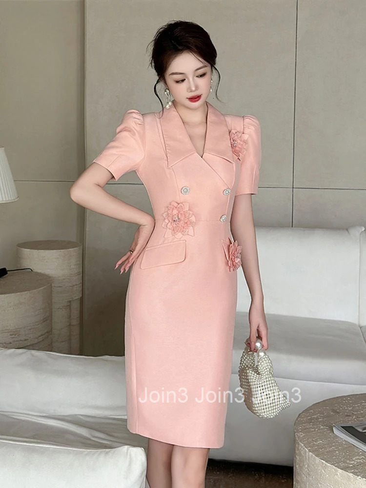 New Elegant Summer Fashion Pink Business Formal Occasion Dress Women Bubble Sleeve Slim Pencil Party Prom Vestido Street Clothes