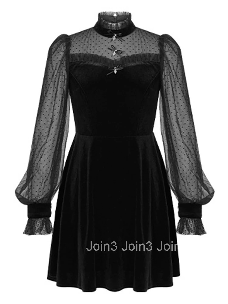 Women Clothes Black Mesh Sheer Sexy Puff Sleeve Slim A-Line Mini Short Dress Elegant Ladies Fashion Party Prom Vestidos Evening