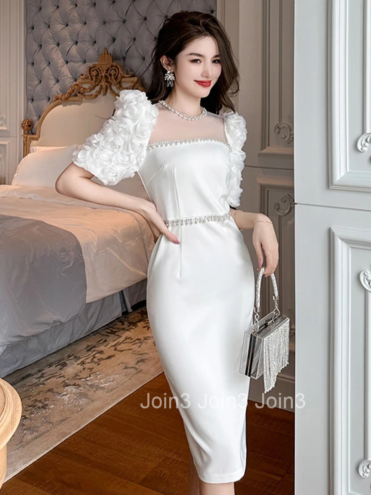 New Summer Satin Women Evening Dress Chic White Mesh Sheer O-Neck Slim Midi Pencil Party Prom Birthday Robe Femme Mujer Vestidos
