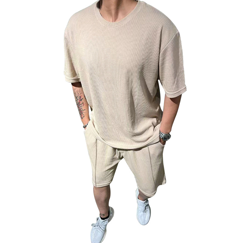 Tracksuit Men's T-shirt casual shorts Waffger short-sleeved T-shirt men's casual sportswear set summer shorts two-piece set European code: S