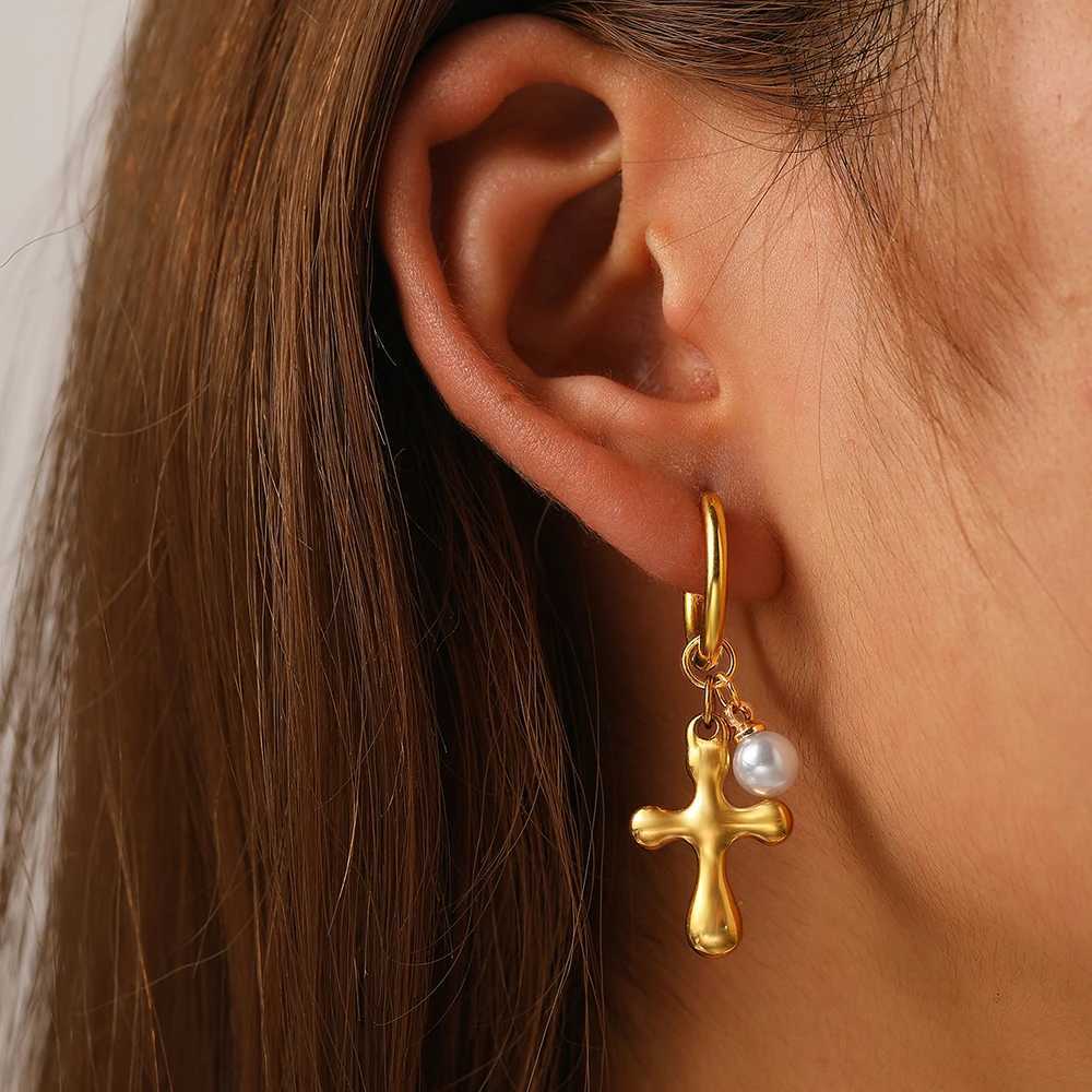 Stainless Steel Earrings Light Luxury Simple Premium Cross Small Pearl Earrings For Women Jewelry Party Commuter Matching XJ250623
