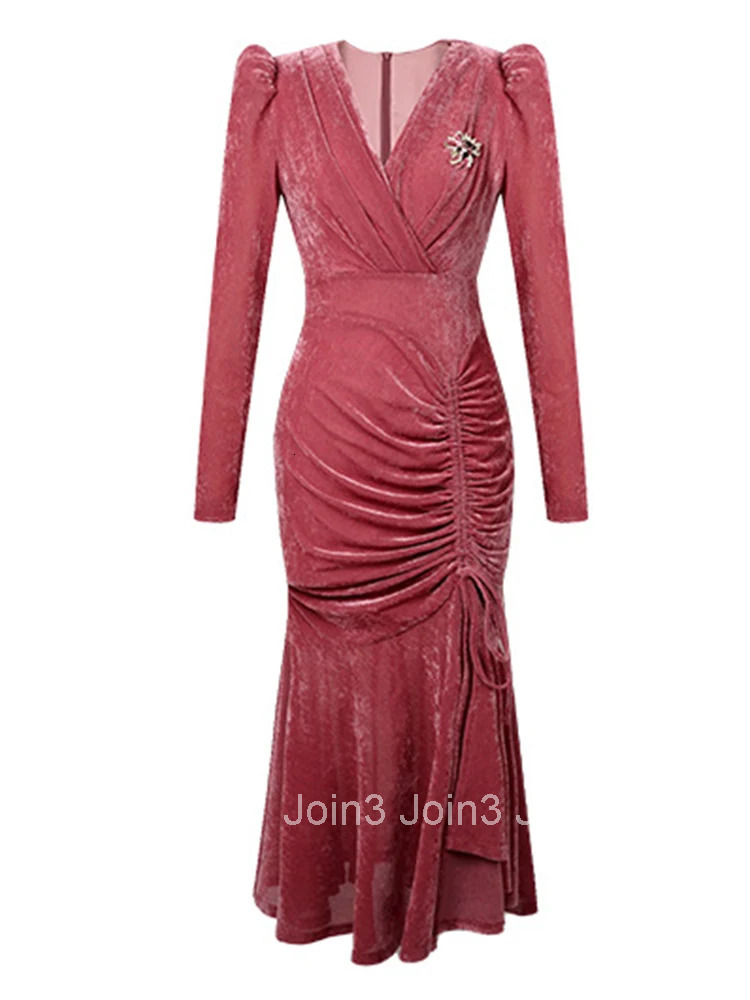 Women Clothes Autumn Winter Velvet Elegant Evening Dress Sweet Chic Sexy V-Neck Drawstring Slit Midi Robe Party Prom Vestido New