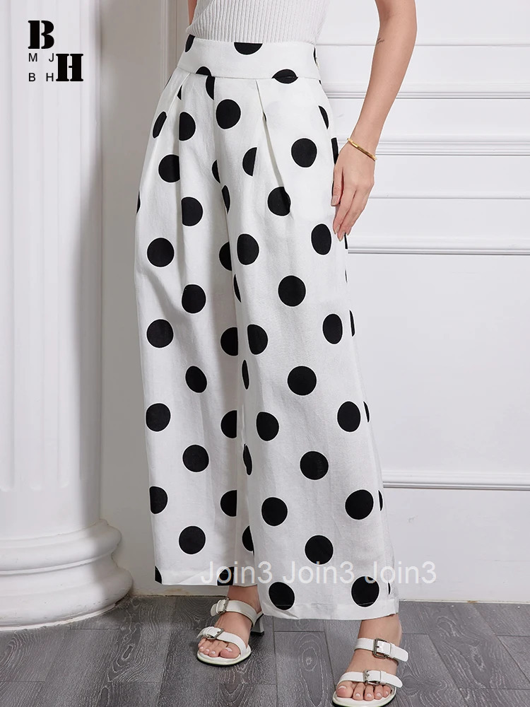 Plus Size Spring Autumn Elegant Formal Commute Cotton Linen Long Pant Women Retro Dot Print Trousers Mujer Wide Leg Loose Pants