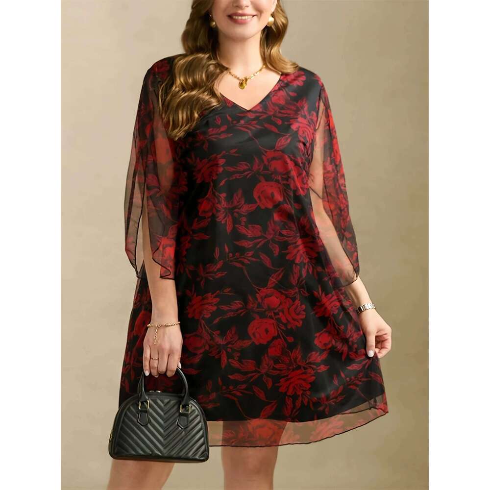 Boho Floral Print Maxi - Layered Mesh V-Neck Plus Size Women's Dress