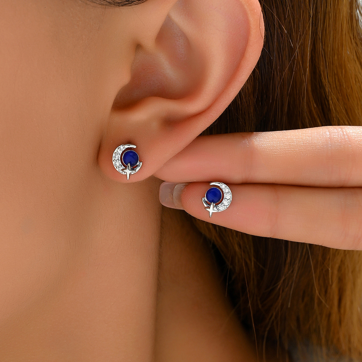 Sweet Japanese And Korean Style Simple Women's Crescent Moon Mango Star Inlaid Zircon Stud Earrings High-End Feel