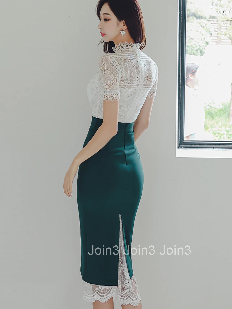 Summer Women Clothes Fashion Elegant 2 Pieces Outfit Sheer Sexy Lace White Tops Shirt Blouse And High Waist Midi Skirt Mujer Set