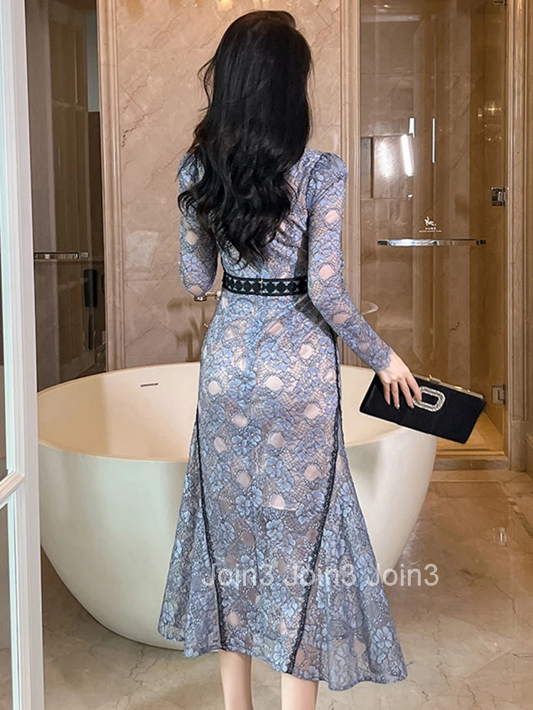 New Fashion Lace Formal Occasion Long Fishtail Dresses Women Clothing Ladies Mujer Elegant V-Neck Slim Dress Vestidos Robe Femme
