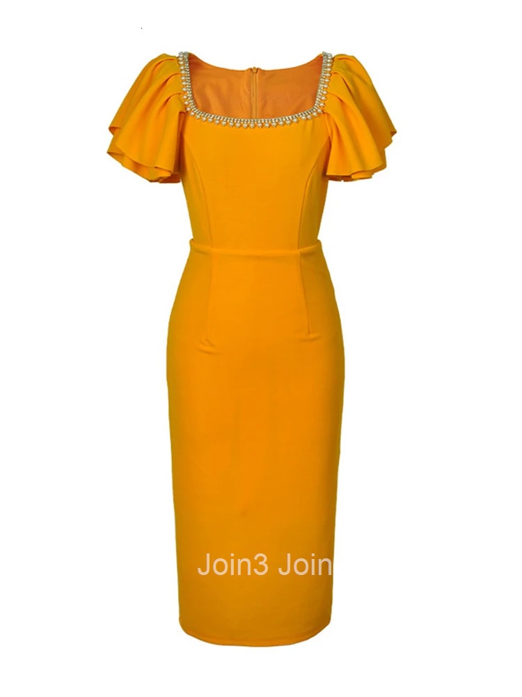 Summer Elegant Office Women Evening Dress Vintage Ruffle Square Collar Slim Midi Pencil Party Prom Stretchy Femme Mujer Vestidos