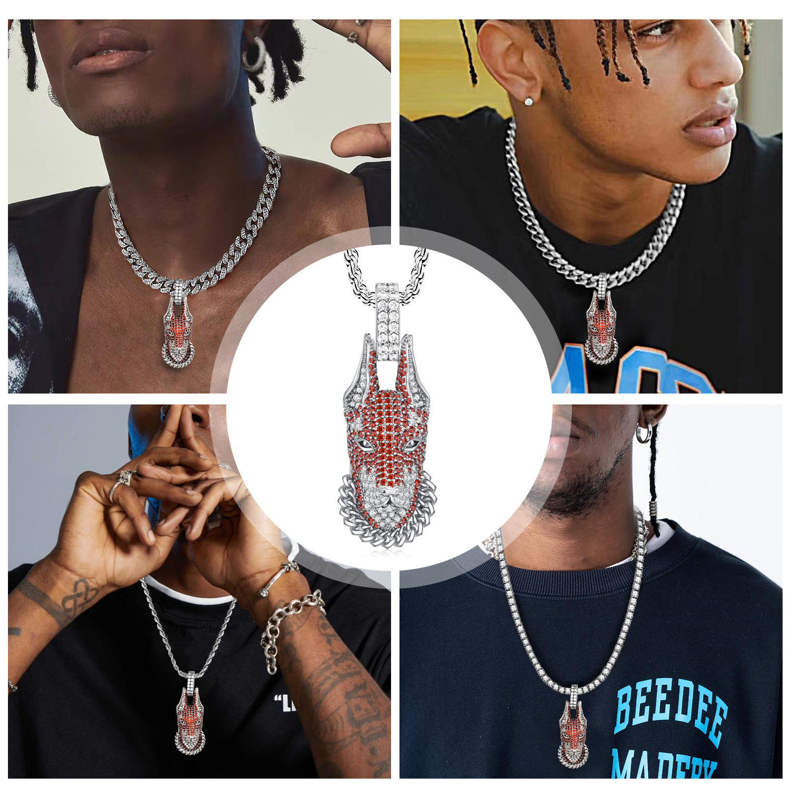 Luxury Moissanite Wolf Head Hip Hop Pendant Diamond Inlaid Punk Style Premium Statement Necklace Pass the diamond tester