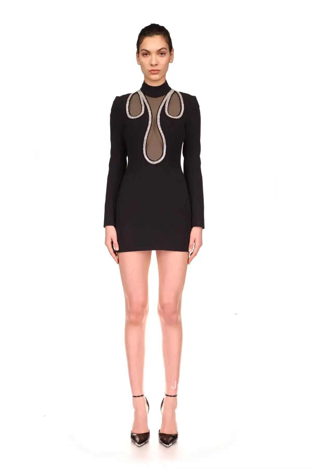 Newest Fashion Bandage Dress Black Long Sleeves Geometric Flash Drill Lady Bodycon Elegant Evening Party Mini Vestido