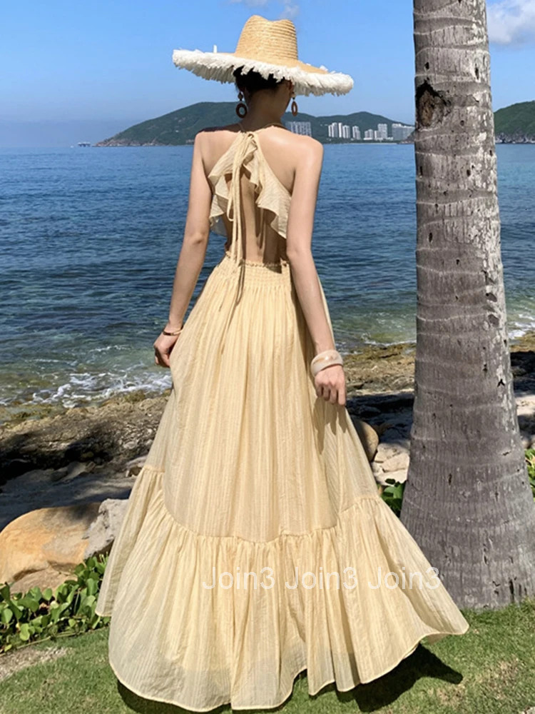 Women Vacation Clothes Sweet Sexy Sling Backless Slim A-Line Maxi Long Dress Elegant Fashion Party Prom Vestidos Robe Beach New