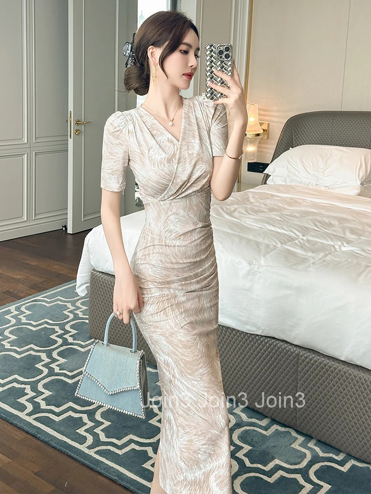 New Summer Work Style Stretchy Print V-Neck Slim Midi Dress Women Elegant Casual Short Sleeve Skinny Robe Vestido Street Clothes