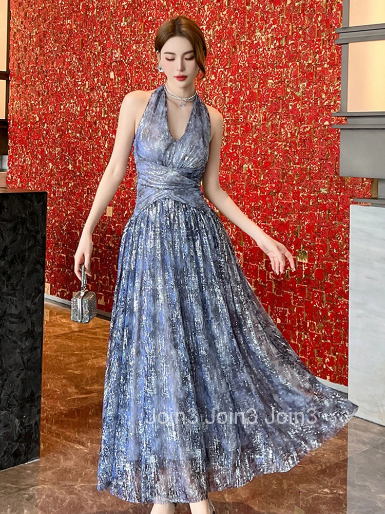 New Elegant Summer Sparkly Evening Dress Women Clothes Retro Sexy Halter Slim Maxi Party Prom Robe Beach Vestidos Fiesta Fashion