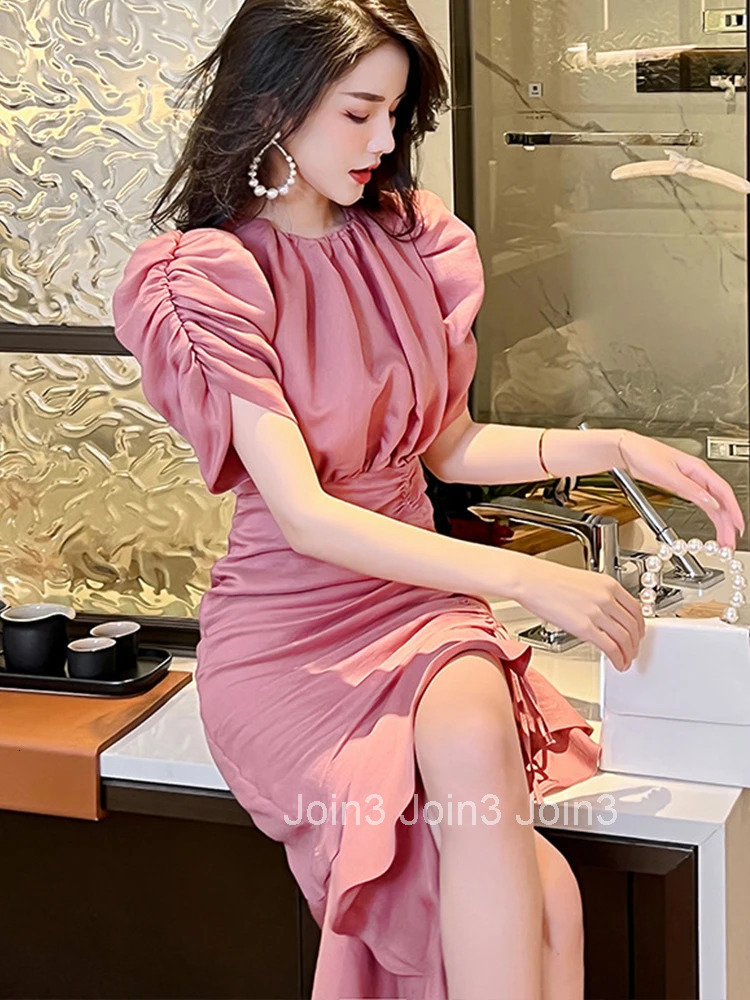 Fashion Summer Pink Long Dress Women Ladies Clothes Elegant Sweet Chic O-Neck Wrap Hip Midi Party Gown Robe Mujer Vestido Fiesta