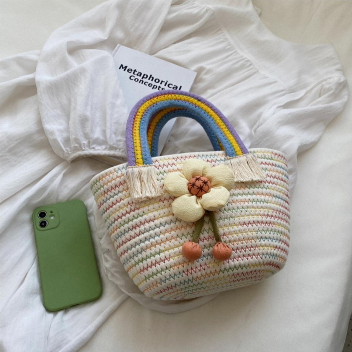 Women's Fashion New Rainbow Woven Bag Free Shipping Designer Vacation Style Beach Bag Casual Handbag Vegetable Basket Birthday Gift With Souvenir