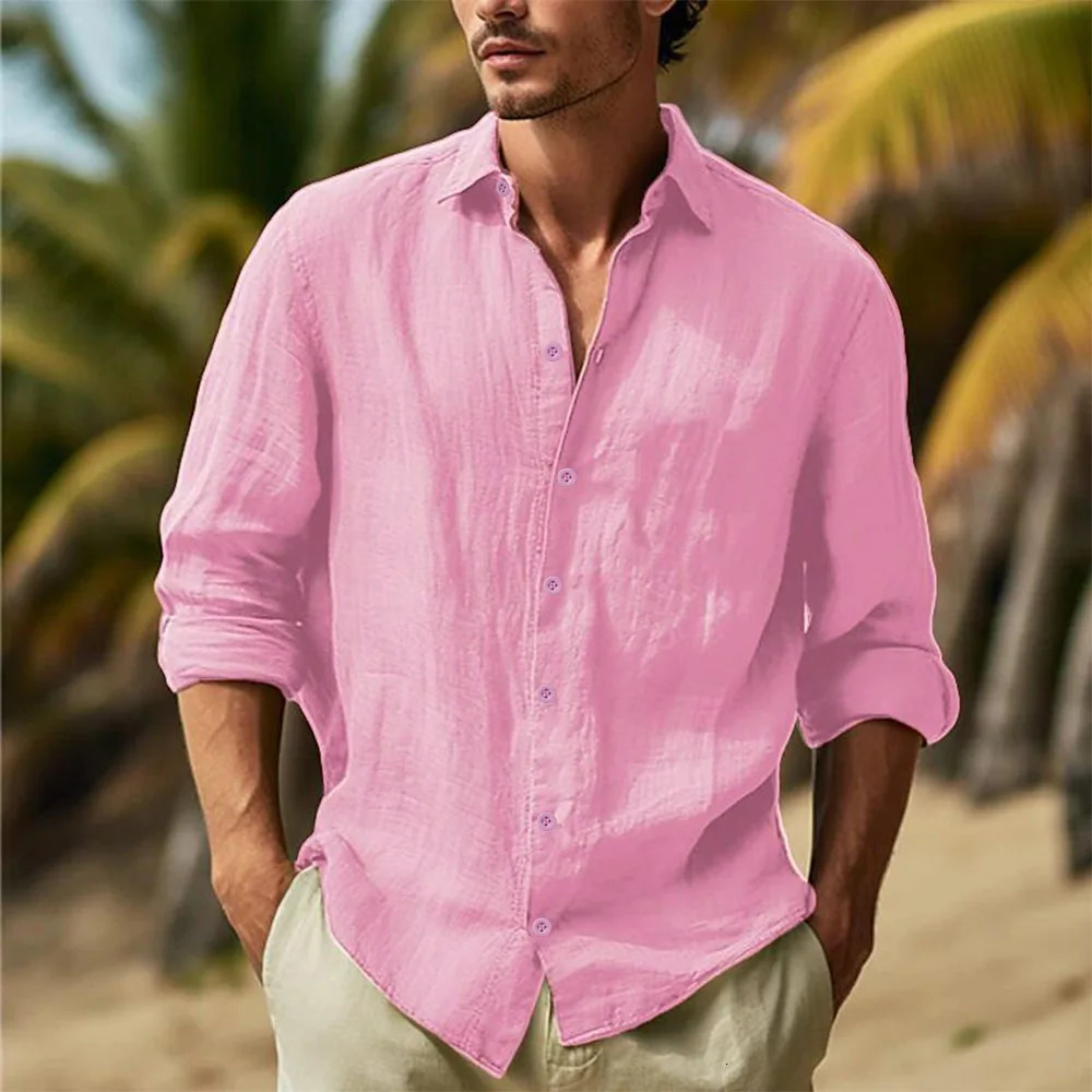 Mens Cotton Linen Shirts Turn Down Collar Solid Hawaiian Shirt Lightweight Breathable White Shirt Casual Large Size Streetwear 250618