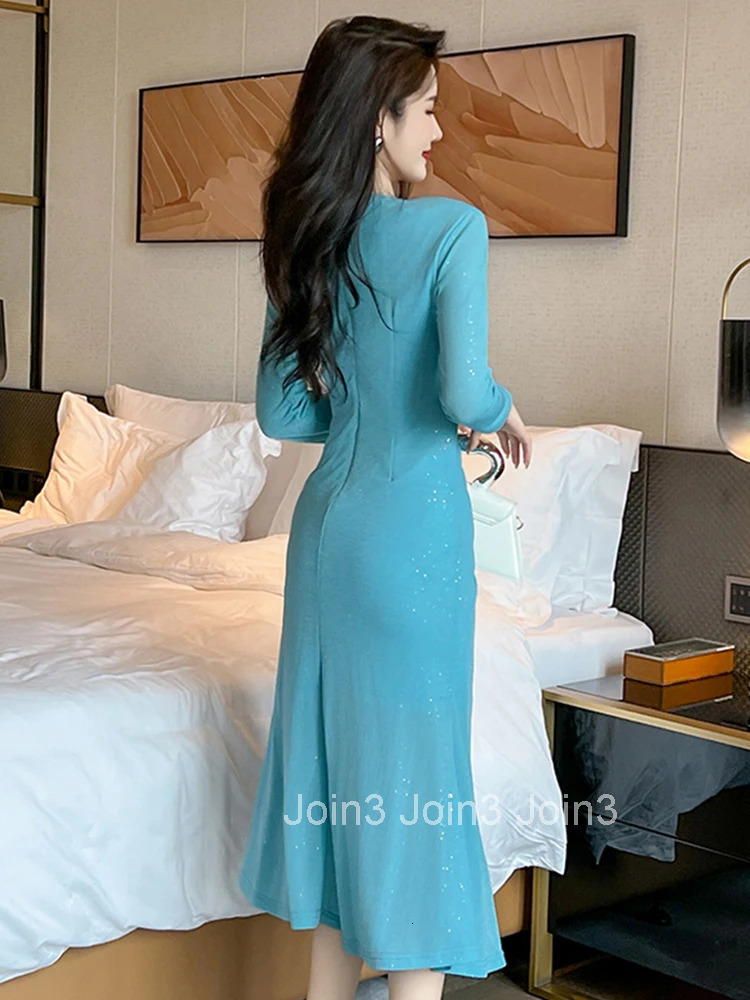 French Style Blue Sparkly Long Evening Dress Ladies Women Clothing Elegant V-Neck Slim Midi Party Prom Robe Femme Mujer Vestidos