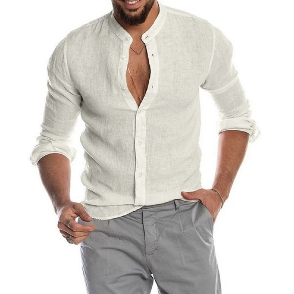 Cotton Linen Mens Long-Sleeved Shirts Summer Solid Color Stand-Up Collar Casual Beach Style Plus Size 250618