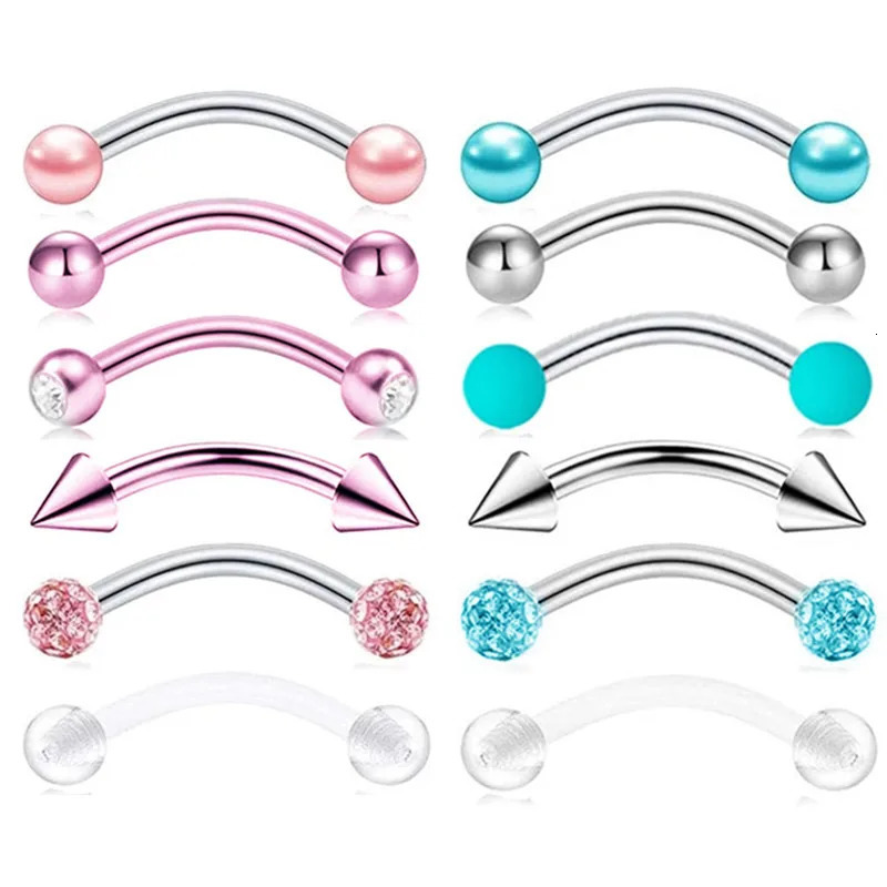 6PCS Stainless Steel Crystal Eyebrow Piercing Set 16G CZ Curved Barbell Helix Daith Lot Tongue Snake Eyes Bulk 250613