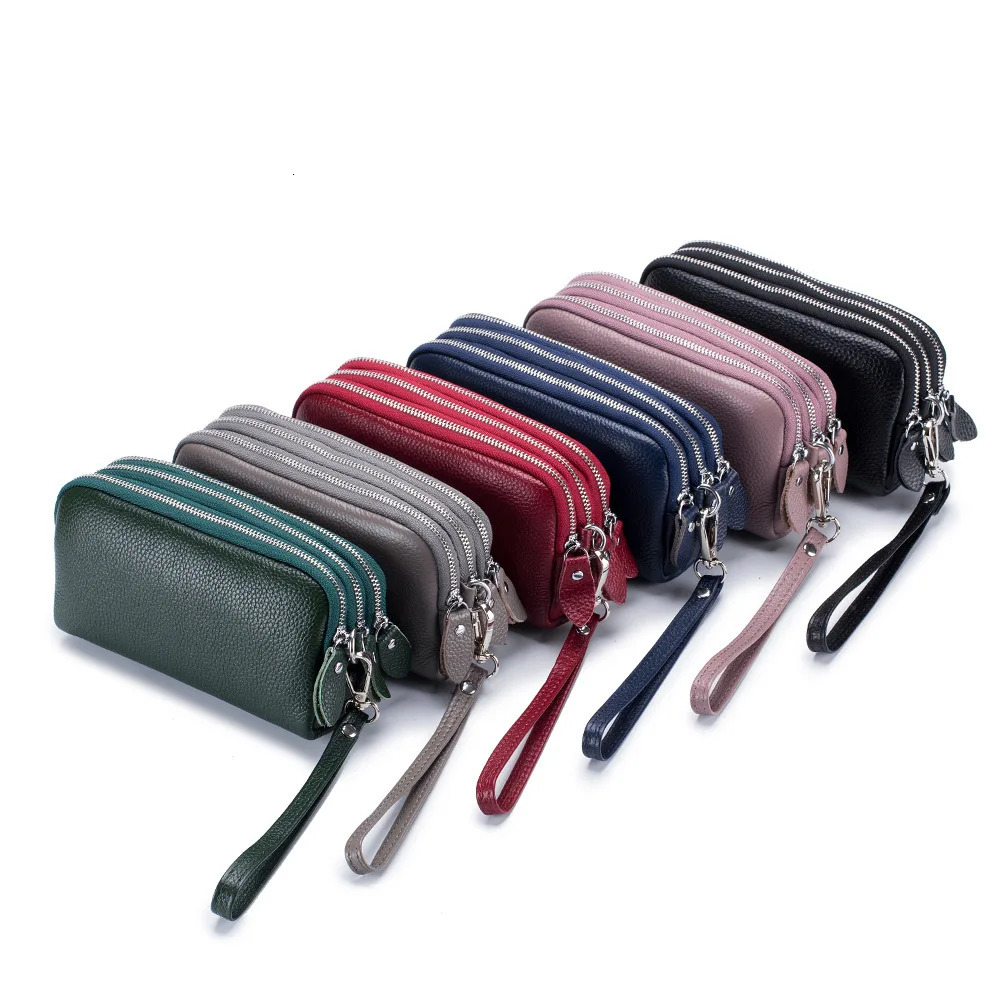 Genuine Leather Women Long Wallet 3-Layer Zipper Clutch Purse Bag Large Capacity Wristlet Wallet Phone Bag Money Pocket 250617