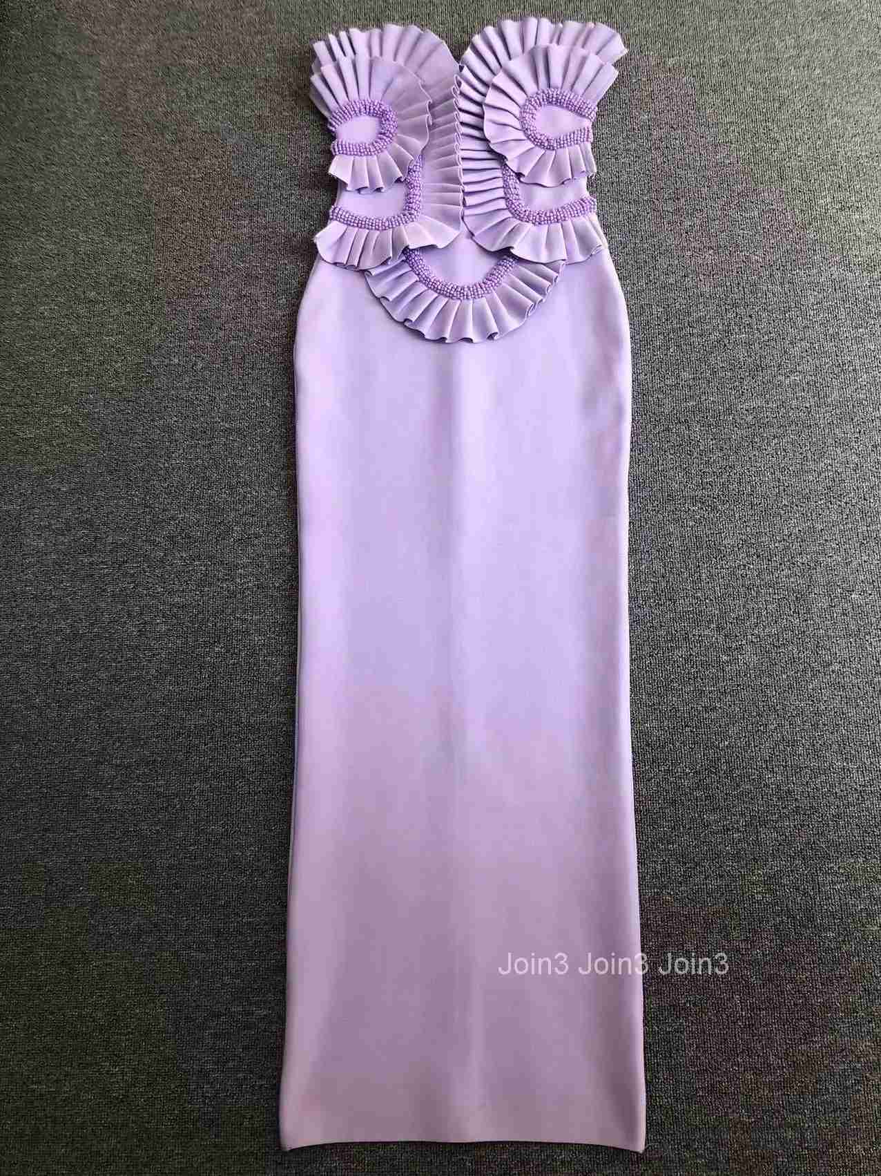 Purple Bandage Dress For Women Chic Patchwork Design Fashion Embroidered Flare Backless Strapless Long Dress Casual Clothing
