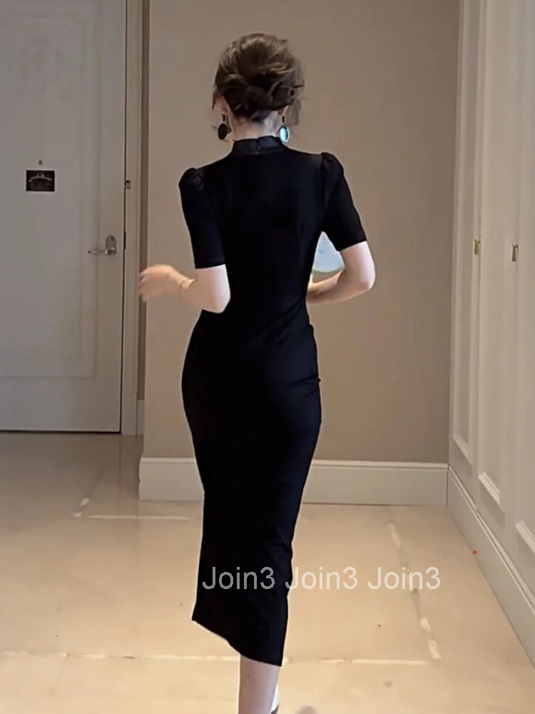 Chinese Style Summer Elegant Women Evening Dress Vintage Stand Neck Folds Slit Slim Midi Party Club Prom Stretchy Mujer Vestidos