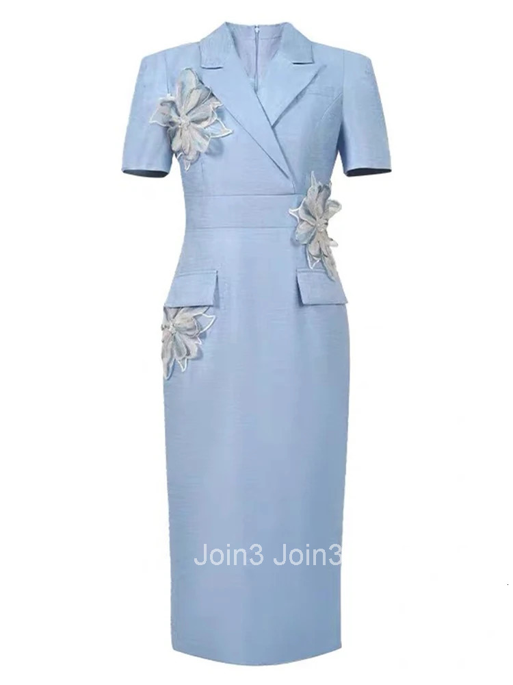 Summer Elegant Office Formal Occasion Pencil Dress Women Clothes Commute Blue Floral Short Sleeve Slim High Waist Midi Vestidos