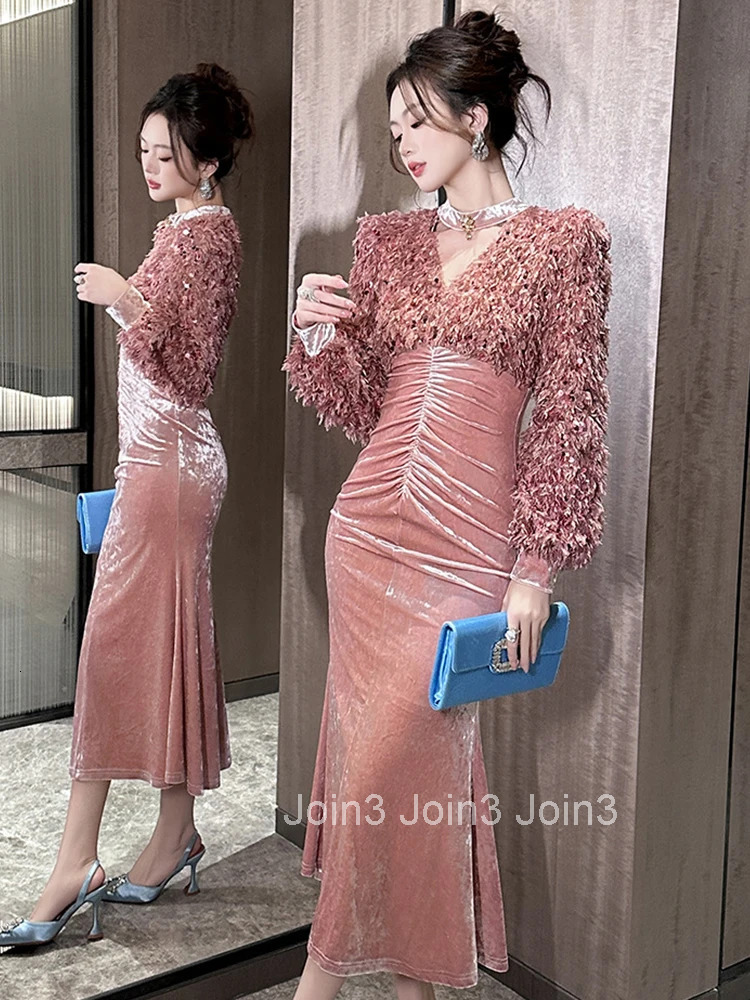 Women Clothes Retro Velvet Sequin Hollow Sexy O-Neck Folds Skinny Midi Evening Dress Elegant Fashion Party Prom Vestido Robe New