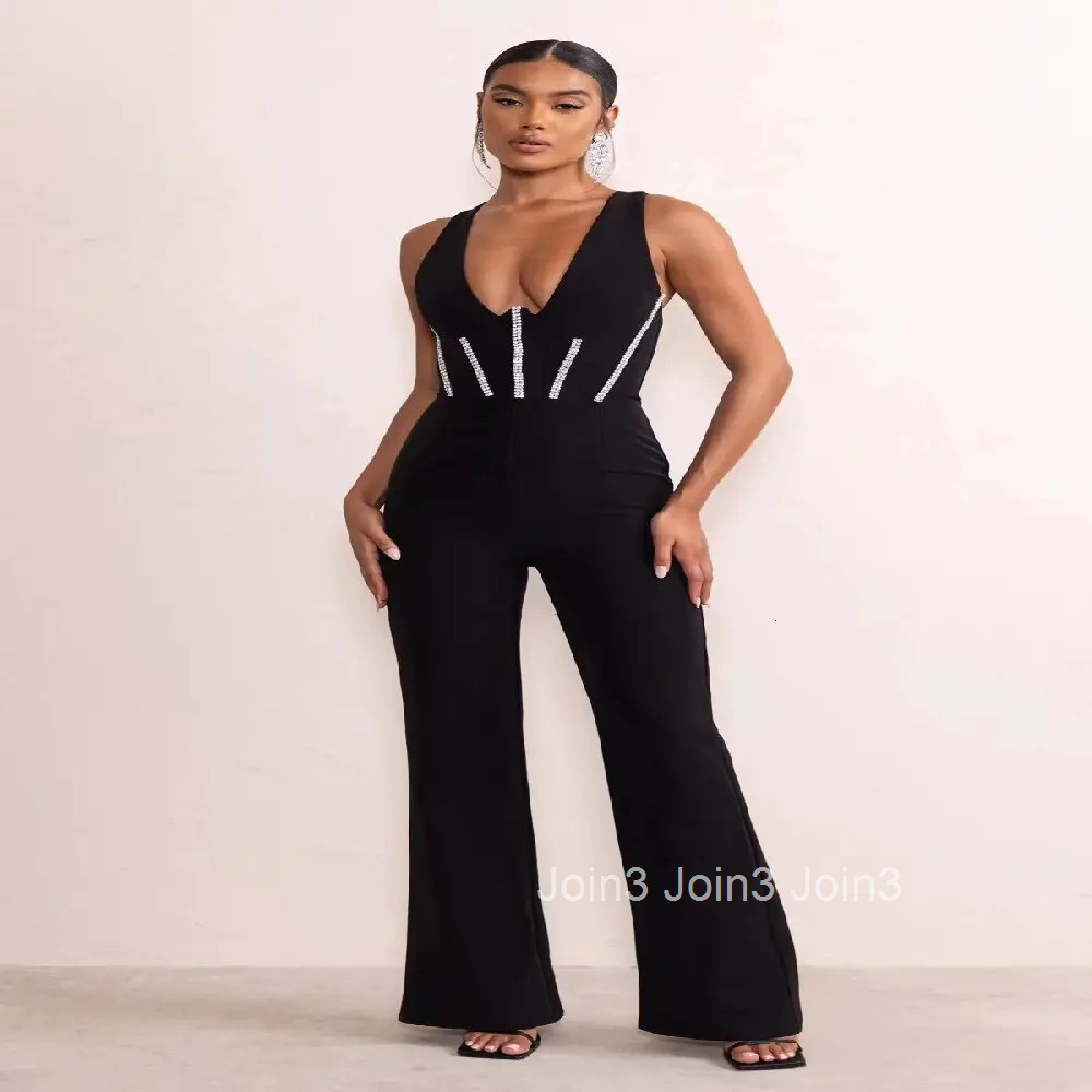 New Fashion Simple Office Lady Jumpsuits Elegant Sleeveless Rhinestone Pantsuits Black Fit Slimming Sets Causal Urban Wear