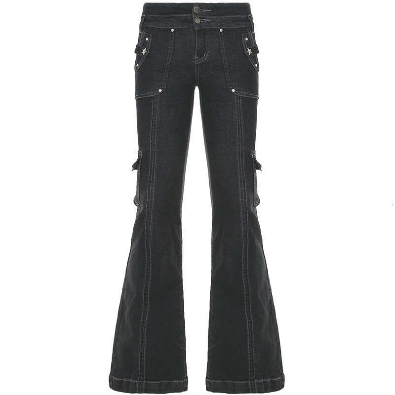 Unique American Style Workwear Pocket Denim Flared Washed Vintage Design Low Waist Hot Girl Casual Long Pants B5