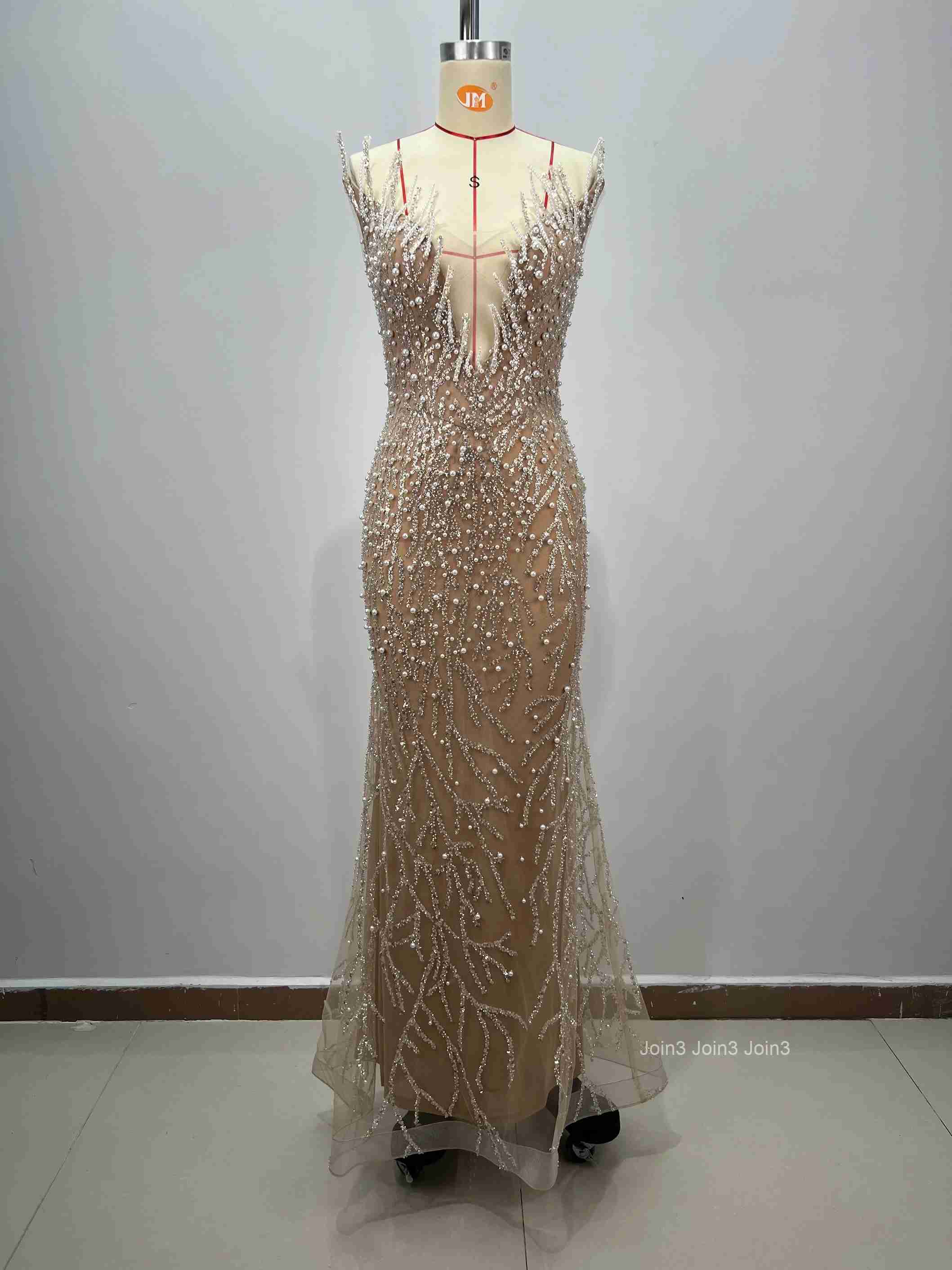 Womens Gold Sequin Bandage Dress Strapless Sheer Tulle Mermaid Evening Gown Beaded Embroidery Deep V Backless Fishtail Formal P