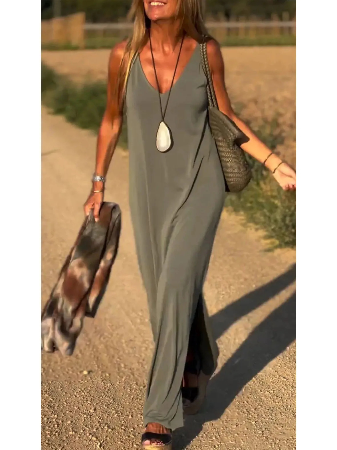 2024 Summer Womens VNeck Knit CoverUp Dress Beach Resort Maxi Slip Lightweight Loose Fit Boho Vacation Outfit 250616