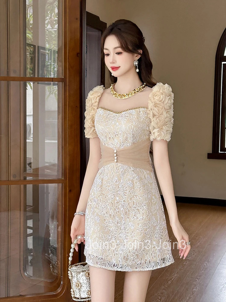 Elegant Luxury Sweet Lace Evening Dress Women Clothes New Summer Floral Puff Sleeve Slim Mini Short Party Prom Vestidos Fiesta