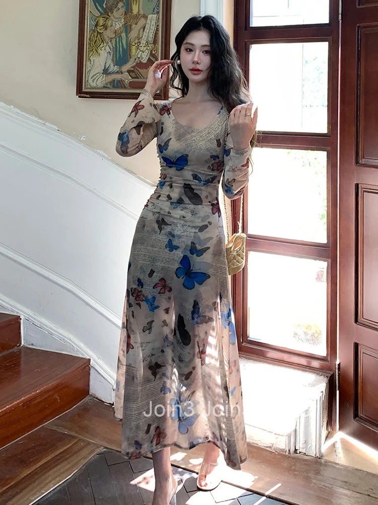 Sexy Retro Butterfly Print Dress for Women Holiday Hotsweet Sweet Long Sleeve Robe Female Vacation Beach Street Vestidos Mujer