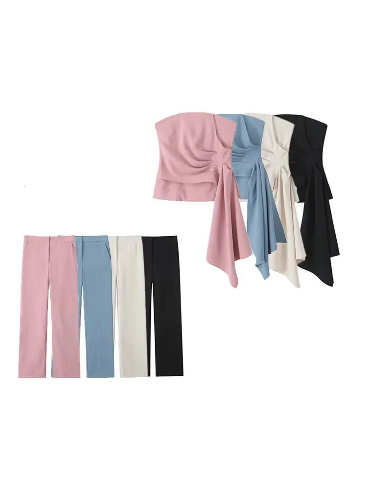 TRZA Women Fashion Draped Strapless Bustier Tops And High Waist Side Pockets Flared Pants Female Two Piece Sets Mujer 250616