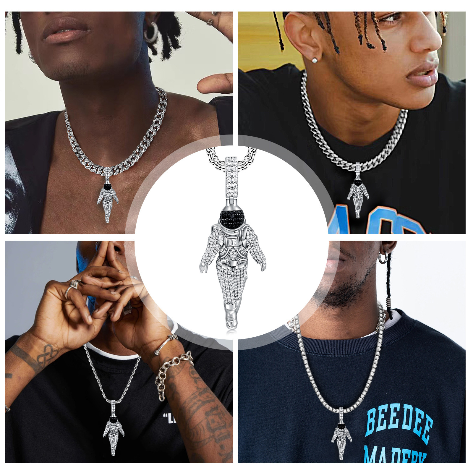 Luxury Moissanite Spaceman Hip Hop Full Iced Out Niche Personalized Light Luxury Premium Statement Pendant Necklace Pass the diamond tester