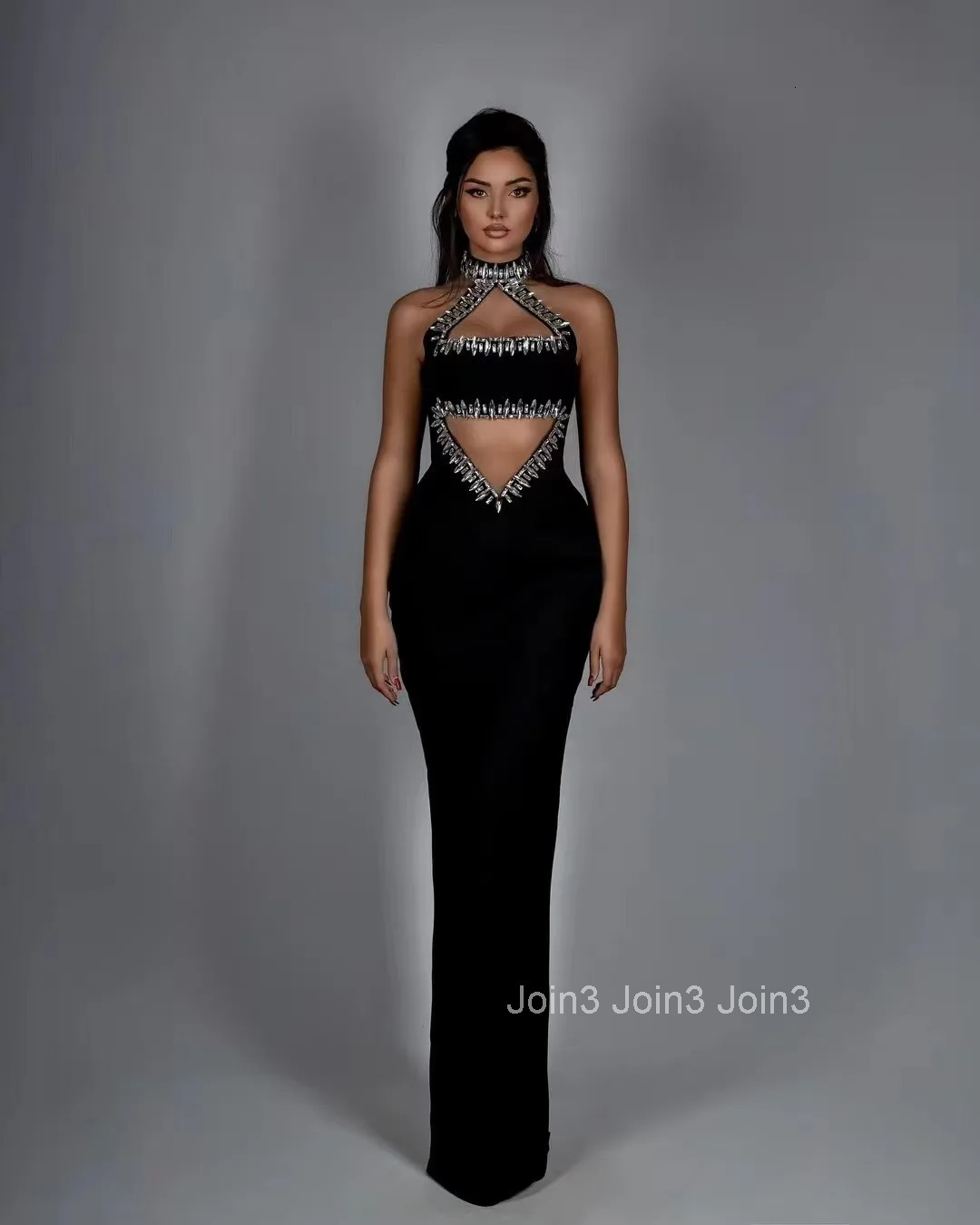 Chic Womens Clothing Sexy Hollow Backless Neck-Mounted Luxury Diamonds Decoration Sleeveless Celebrity Vestidos Black Bandage D
