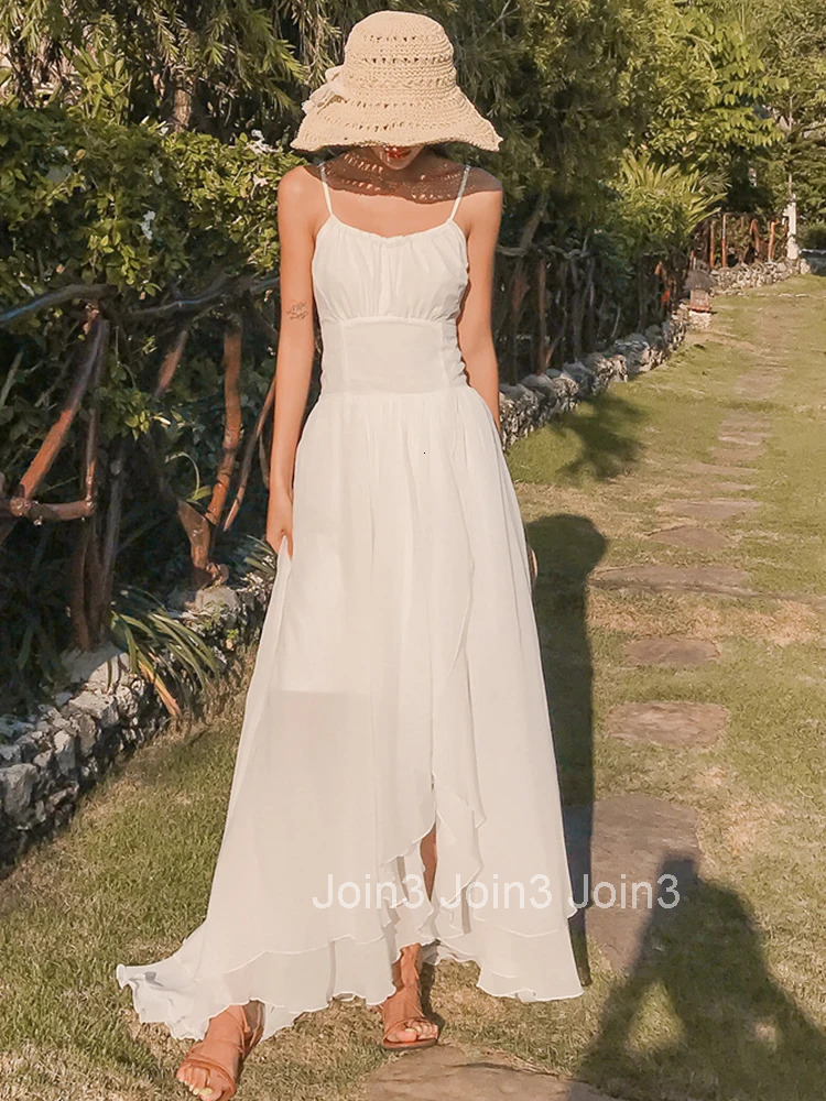 Women Vacation Clothes White Chiffon Sexy Sling Backless Slim Maxi Long Dress Elegant Fashion Party Prom Vestidos Robe Beach New