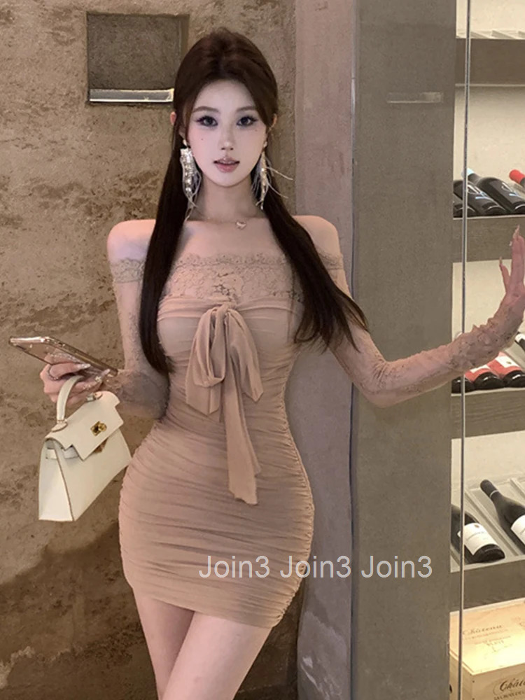 Hotsweet Sweet Party Dress Women Cute Chic Sheer Perspective Lace Patchwork Mesh Bow Bodycon Folds Short Gown Prom Vestidos Lady