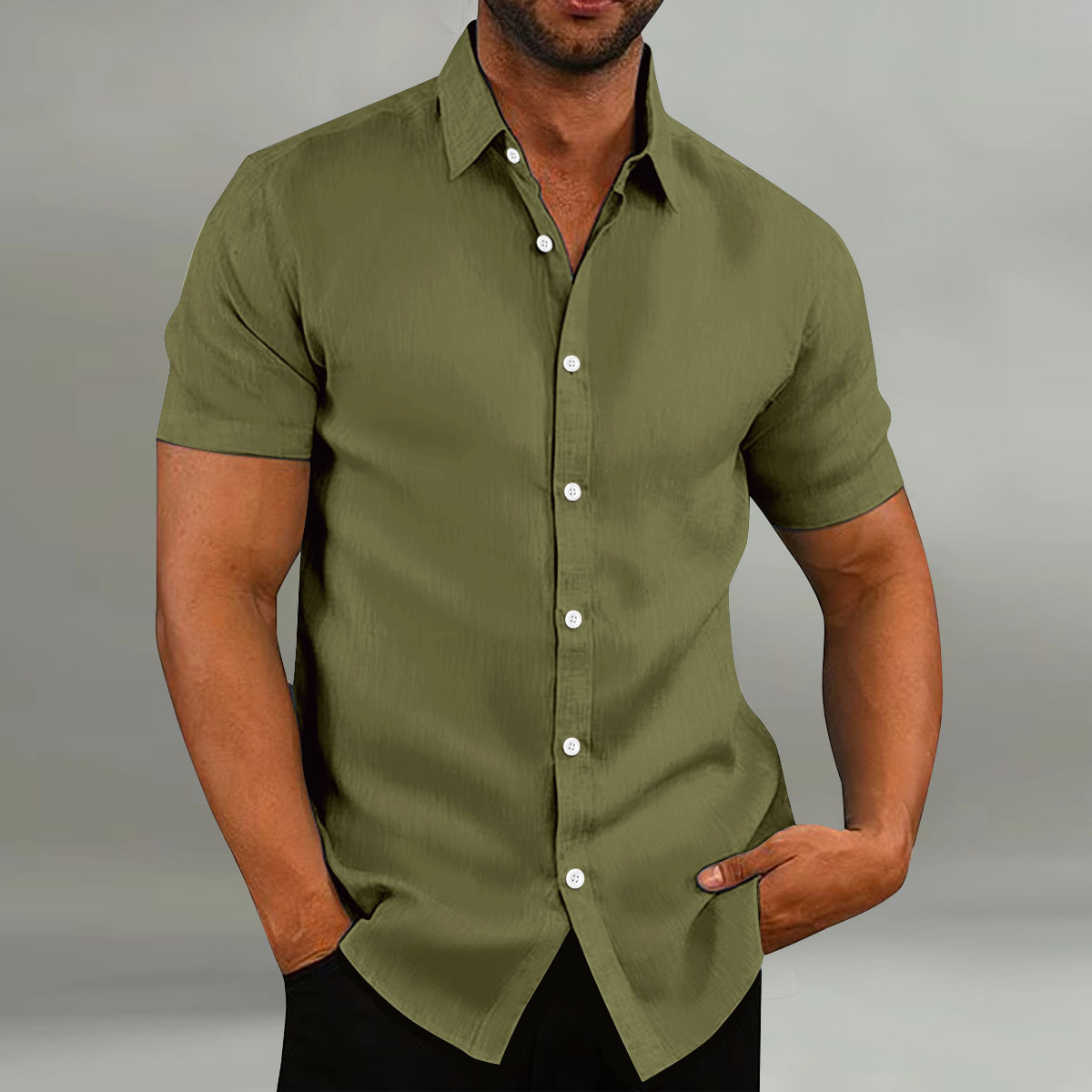 New men's linen shirt fashionable casual top retro cotton and linen short-sleeved T-shirt Henry collar short-sleeved shirt S-3XL (European Size)