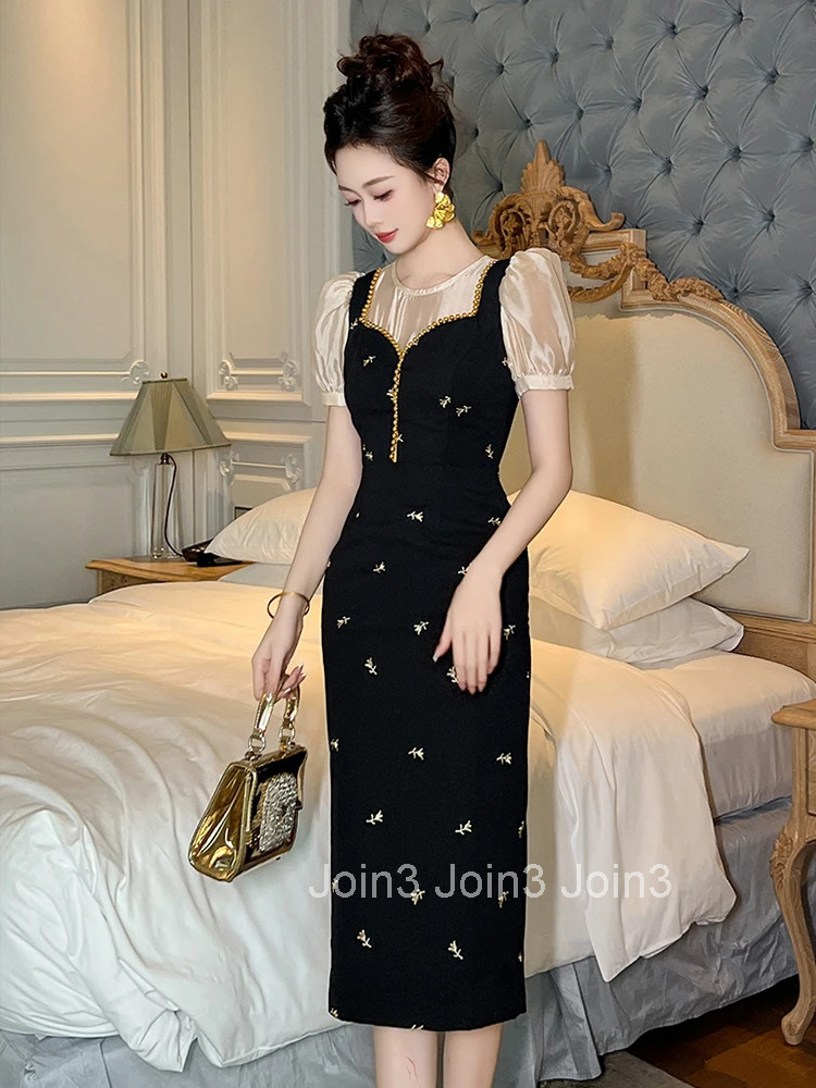 New Summer Fashion Black Fake 2 Pieces Formal Occasion Dress Women Clothes Casual Elegant Puff Sleeve Slim Pencil Party Vestidos