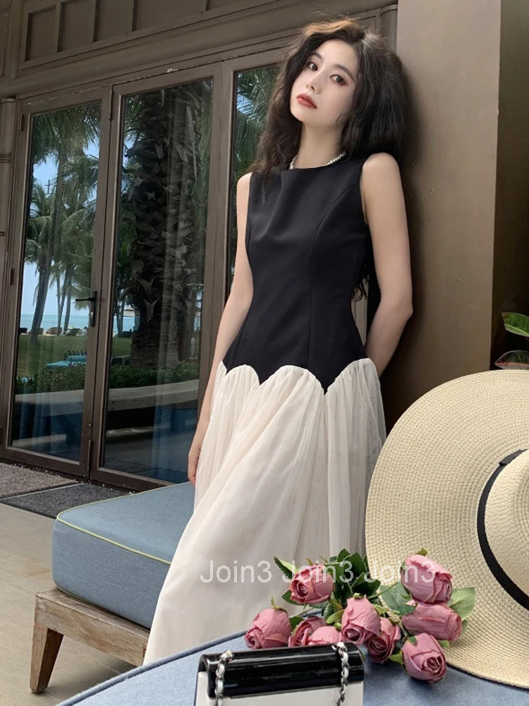 New Summer Fashion Lady Vintage Beach Vacation A-Line Long Dress Women Elegant Sweet Sleeveless Slim Robe Vestido Street Clothes