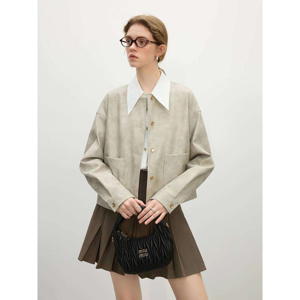 FSLE Women PU Leather Short Jackets Casual Round Neck Drop Sleeve Coats 2025 Spring Grey Female Pu Coat 25Fs11159