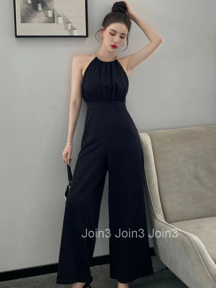 Korean Women One Piece Jumpsuits Black Vintage Sexy Chain Halter High Waist Party Club Lady Mujer Wide Leg Loose Rompers Summer