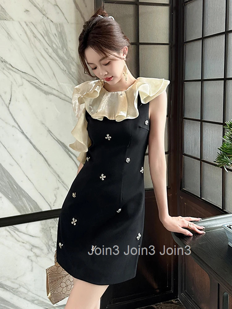 Summer Elegant Luxury Black Gown Evening Dress Women Clothes Sweet Ruffle Sleeveless Slim Short Party Club Prom Vestidos Fiesta