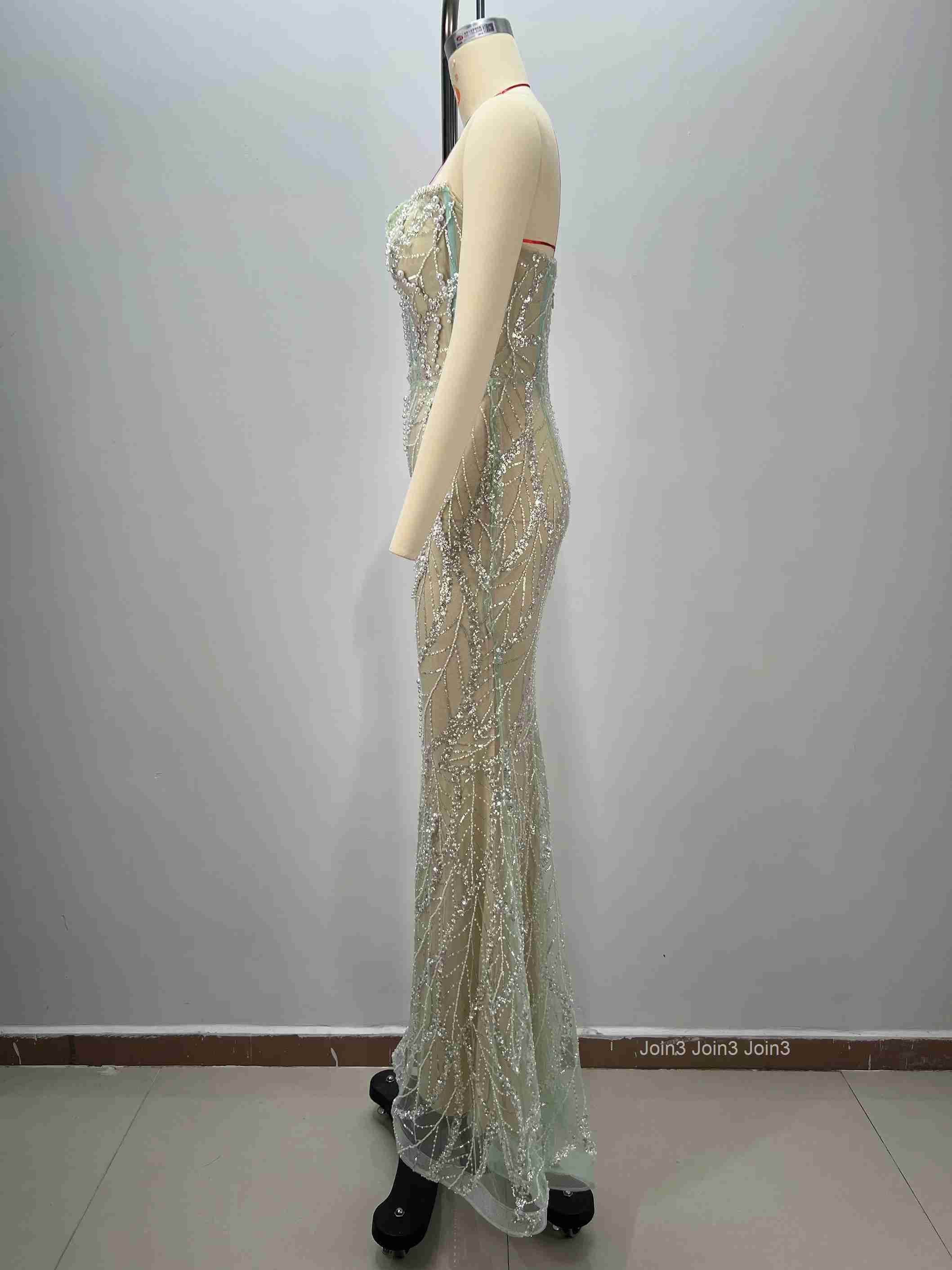 Womens Light Green Bandage Dress Sheer Tulle Leaf Embroidery Thin Straps Backless Mermaid Gown Green Accent Formal Party